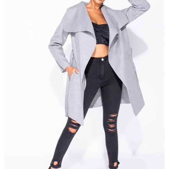 Grey Belted Waterfall Coat - Picture 2 of 7